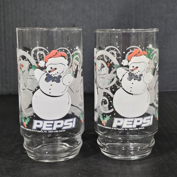 Vintage Pair of Pepsi Snowman Tall Drinking Glasses 10 Ounce - Picture 1 of 7